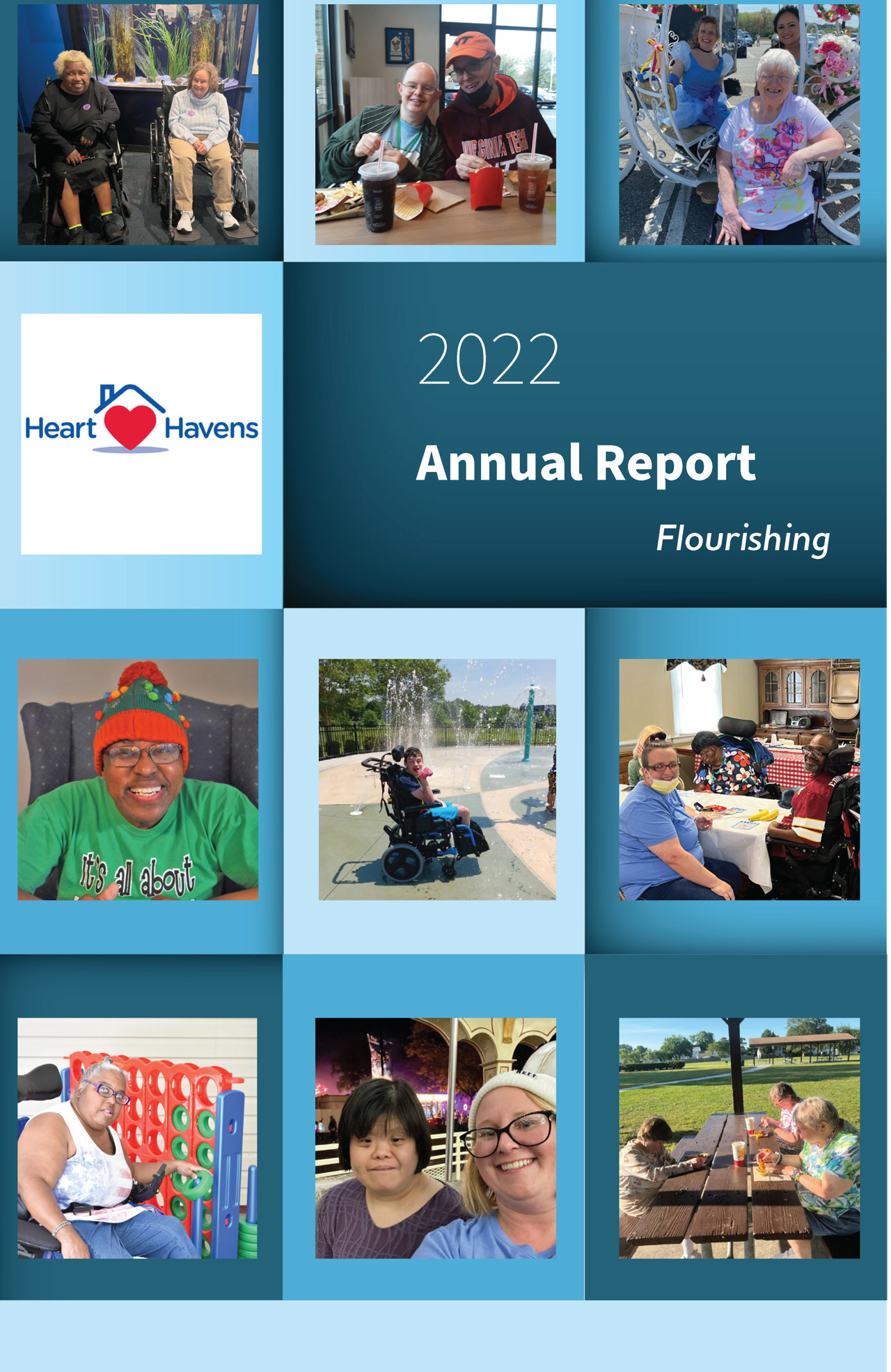 Annual report cover titled - Flourishing 2022 with a blue grid design and pictures of different scenes of residents out in the community
